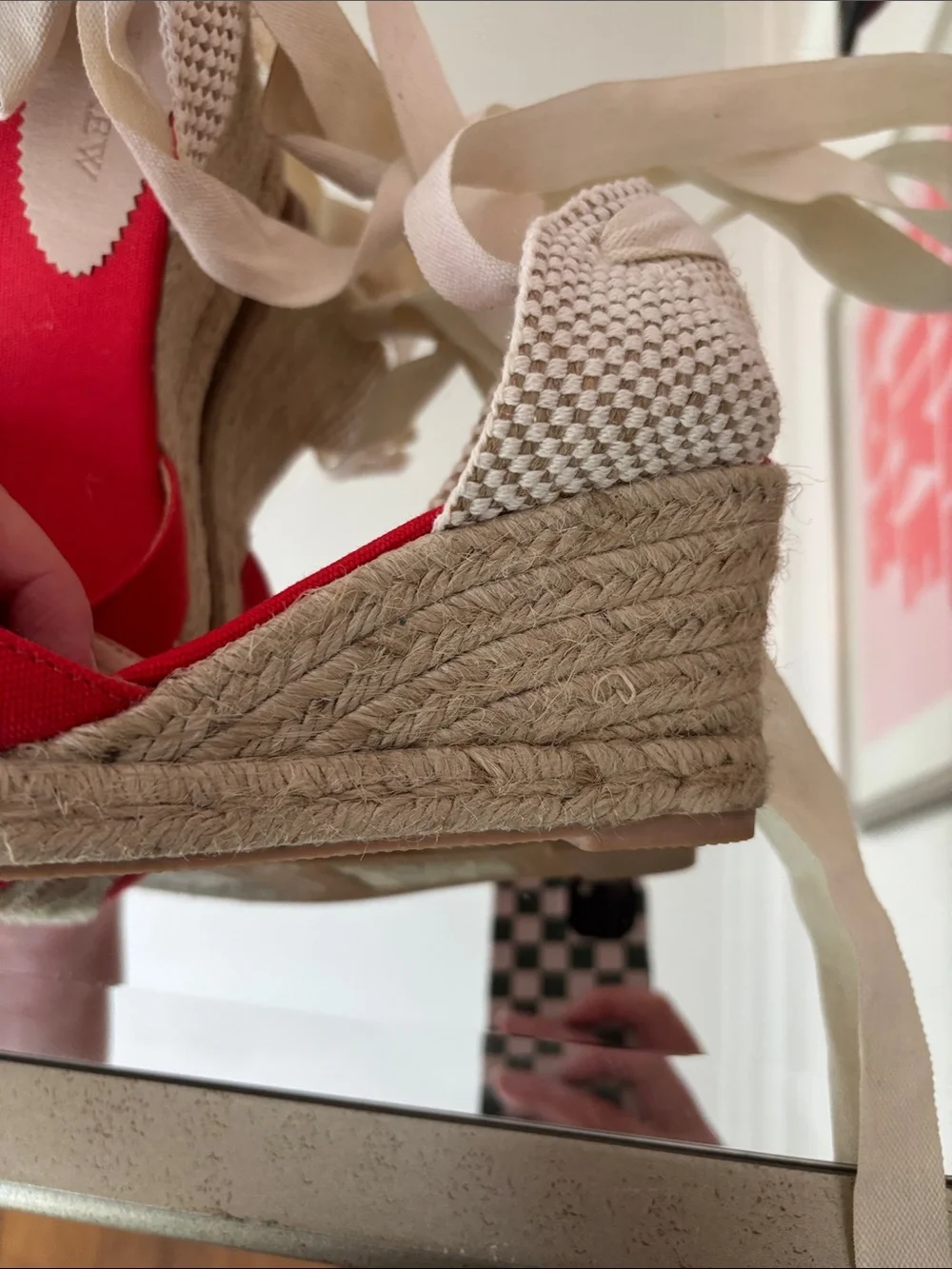 J. Crew Red Espadrille Wedge Sandals with Cream Ankle Ties
